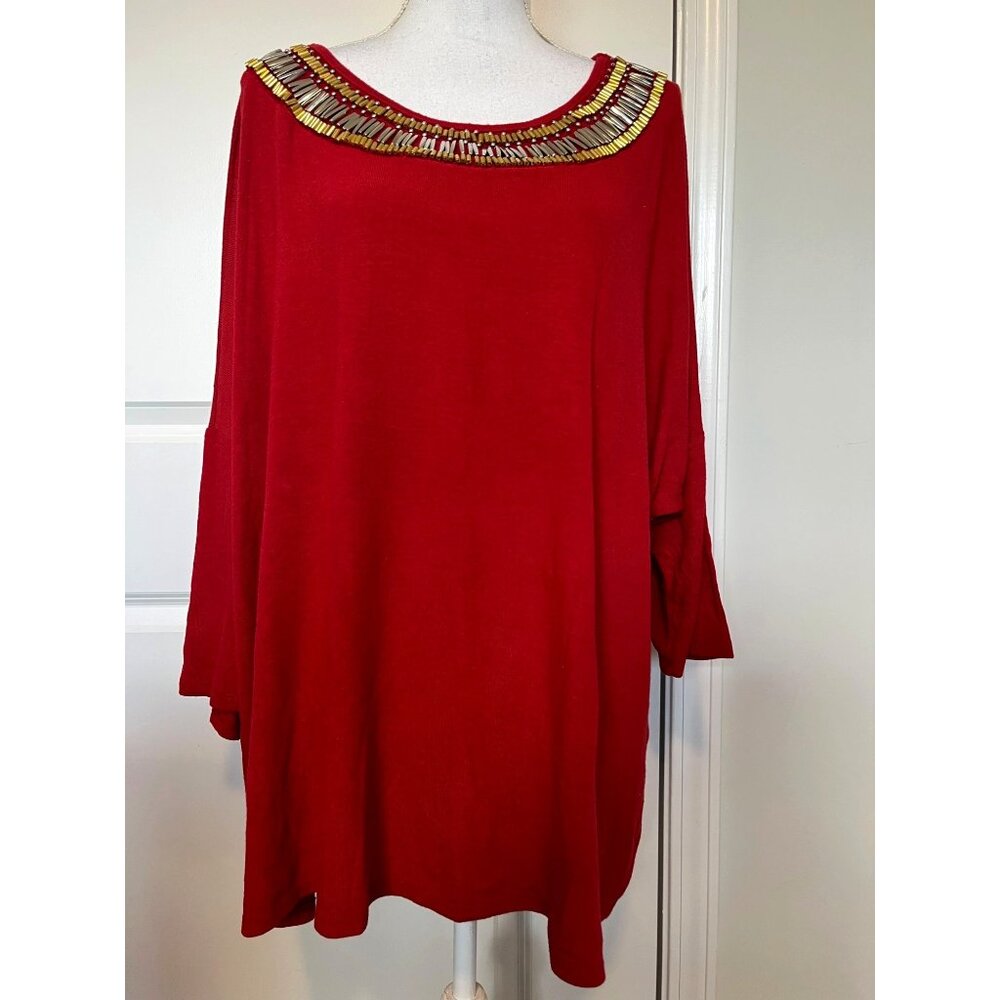Glitterscape Metal Beaded Neckline Red Tunic Top Sz 2X Festive Long Sleeve Plus